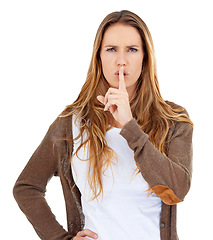 Image showing Portrait, woman and finger on lips for secret, privacy and confidential gossip isolated on white studio background. Face, shush and hand gesture of serious person for silence, sign or emoji for noise