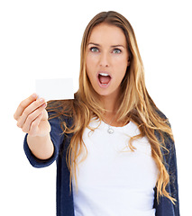 Image showing Bank, business card and portrait of excited woman in studio for deal, promo or info on mockup. Signage, offer and girl with sign for identity, opportunity or voucher on cardboard on white background