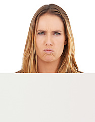 Image showing Woman, studio and portrait for advertising, confused and poster with advertisements and unhappy face. Female person, sign and white background for marketing, sales and mockup board for promotion