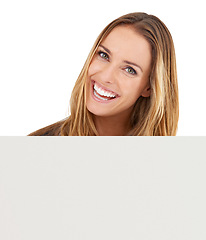 Image showing Woman, portrait and poster mockup in studio for presentation of announcement, opportunity or advertising. Female person, white background and placard board for recommendation, about us or promotion