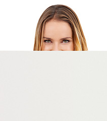 Image showing Woman, portrait and poster mockup in studio or announcement sign, information or promotion. Female person, white background and hide face or opportunity offer or placard, presentation or billboard