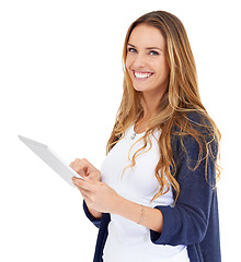 Image showing Woman, portrait and holding tablet in studio for website, social network and connection. Female person, information technology and streaming media, internet and research online with white background