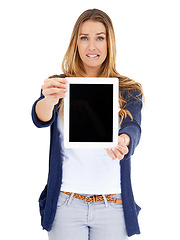 Image showing Portrait, woman and showing tablet screen for mockup, advertising or promotion. Confused, person and technology for internet or space on display for social media isolated on white studio background