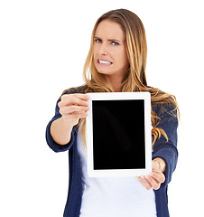 Image showing Portrait, show and woman with tablet screen for space, advertising or promotion. Face, doubt and person with tech, internet or mockup on display for social media isolated on a white studio background