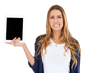 Image showing Portrait, show and woman with tablet screen for mockup, advertising or promotion. Face, angry and person with tech, internet or space on display for social media isolated on a white studio background