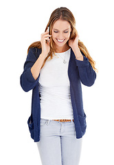 Image showing Woman, phone and call with smile for conversation in studio with mock up on white background. Happy female person, speaking and listening on cellphone for communication, discussion and friendly talk