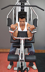 Image showing Bench, weights and man with gym machine, workout and challenge with endurance and progress. Bodybuilder, person and guy in a health center, strong and exercise with strength training and fitness