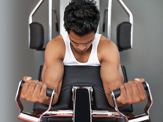 Image showing Challenge, weights and man with gym machine, fitness and workout with endurance and progress. Bodybuilder, person and guy in a wellness center, strong and muscle with strength training and healthy