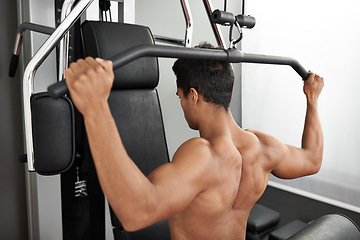 Image showing Fitness, shoulder press and back of man in studio on gray background for training or workout at gym. Exercise, health or pull down machine and body builder with equipment for wellness or strength