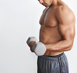 Image showing Man, arm and dumbbell curl for gym fitness on white background for muscle strength, challenge or routine. Male person, equipment and bicep for weightlifting in Miami for studio, topless or mockup