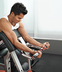 Image showing Healthy, weights and man with gym machine, exercise and challenge with endurance and progress. Bodybuilder, person and guy in a wellness center, strong and fitness with strength training and power