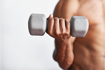 Image showing Closeup, hand and man with dumbbell, exercise and weights training for wellness and endurance. Person, bodybuilder and guy with equipment and progress with fitness and strong with health and energy