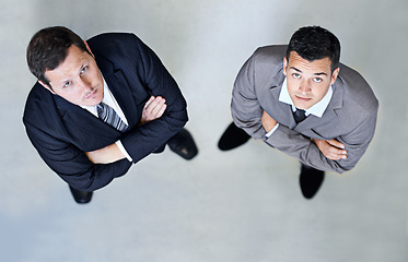 Image showing Businessman, portrait and professional team above in company or business on a gray studio background. Top view of man, employees or colleagues with arms crossed in confidence for corporate management