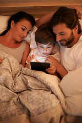 Image showing Parents, watch and boy with tablet in bedroom for movie, digital and educational for learning of child. Family, love and technology with connection to internet for bonding, mom and dad relax with son