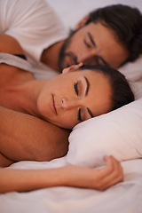 Image showing Couple, sleeping and bed for comfort in house, peace and man together with woman in bedroom. Marriage, love and partners hugging for romance with care, relax and pyjamas to rest in home to dream