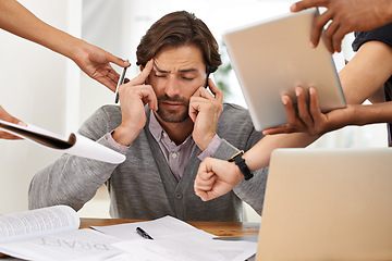 Image showing Businessman, paperwork and technology with hands, chaos and frustrated in workplace for multitasking. Male person, headache and overworked with digital tech, documents and stressed for deadline time