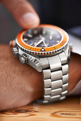 Image showing Businessman, closeup and check watch on hand with appointment on schedule or agenda. Busy, entrepreneur and pointing to minute, time or hour on clock and planning timetable for day with wristwatch