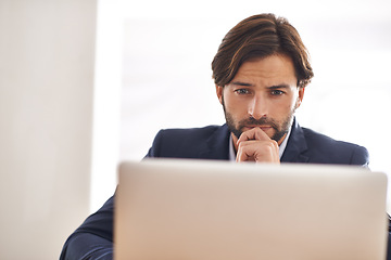 Image showing Reading, research and businessman thinking on laptop with report on investment in stocks. Investor, planning and online decision on computer or review email, communication or project on website