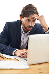 Image showing Lawyer, man and office with laptop and stress at work, serious and paperwork with information for court. Law firm, small business and document with idea for contract to report on case and regulation