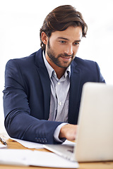 Image showing Typing, report and businessman on laptop with project, investment and research in stocks. Investor, review and planning on computer with email, communication or analysis of information on website