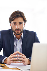 Image showing Investor, portrait and businessman on laptop in office with project and research on stocks. Investment, review and planning on computer with email, communication or analysis of information on website