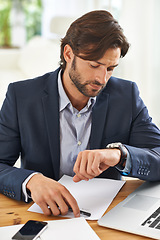 Image showing Check, schedule and businessman with watch in office for appointment or reminder of agenda. Busy, entrepreneur and time management with clock and planning timetable for day in morning with wristwatch