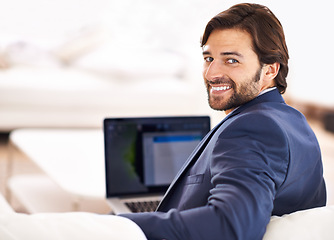 Image showing Happy, portrait and businessman with remote work on sofa with laptop in home or living room. Entrepreneur, smile and working in lounge with computer for online research, report or journalist writing