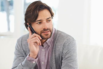 Image showing Man, relax and phone call on sofa with smartphone for conversation, communication and talking for connection. Male person, comfortable and couch with mobile for speaking, connectivity in living room