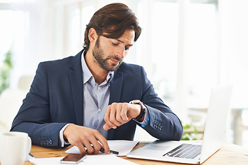 Image showing Check, watch and businessman with schedule in office for appointment or reminder of agenda. Busy, entrepreneur and time management with clock and planning timetable for day in morning with wristwatch