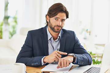 Image showing Late, businessman and pointing to watch in office with appointment on schedule or agenda. Busy, entrepreneur and frustrated by delay in time with clock and planning timetable for day with wristwatch