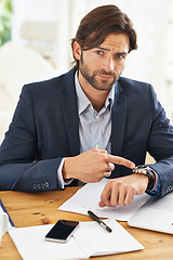 Image showing Late, businessman and pointing to watch in office with appointment on schedule or agenda. Busy, entrepreneur and frustrated by delay in time with clock and planning timeline for day with wristwatch