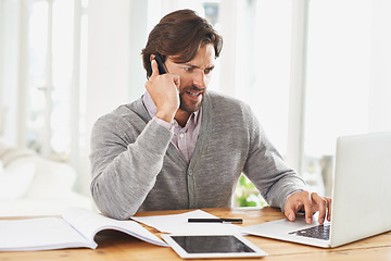 Image showing Angry, businessman and phone call in office with laptop error, glitch or 404 problem with internet. Virtual, communication and frustrated with computer for business and consultation for help