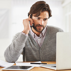 Image showing Serious, businessman and phone call in office with laptop to report a 404, glitch or error with internet. Virtual, communication and frustrated with computer for business and consultation for help