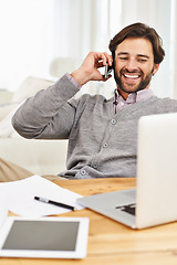 Image showing Writer, laptop and living room in phone call with smile on desk, online and research for information and newspaper. Freelancer, remote work and write for publication with news update and article