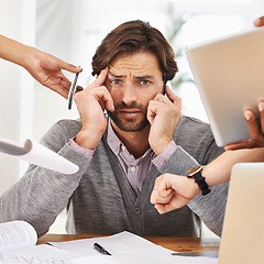 Image showing Businessman, portrait and overworked with hands, chaos and frustrated in workplace for multitasking. Male person, headache and overworked with digital tech, documents and technology for deadline time