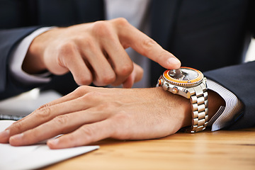 Image showing Businessman, closeup and pointing to watch on hand with reminder of appointment on schedule or agenda. Busy, entrepreneur and check the time on clock and planning timeline for day with wristwatch