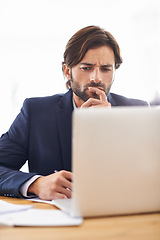 Image showing Research, analysis and businessman thinking on laptop with report on investment and stocks. Investor, reading and planning decision on computer with review of project, strategy and information on web