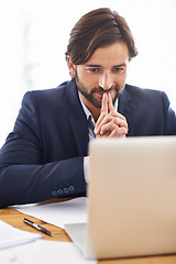 Image showing Lawyer, man and office with laptop and idea at work, smile and paperwork with information for court. Law firm, small business and document with thinking for contract to analyze, case and regulation.