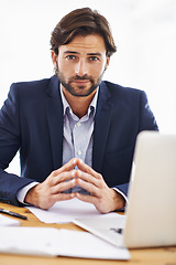 Image showing Investor, portrait and businessman on laptop in office with project and research on stocks. Investment, review and planning on computer with email, communication or analysis of information on website