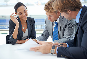 Image showing Teamwork, accountant and business people in a meeting, documents and conversation for ideas and financial planning. Corporate, staff and manager with employees and group with paperwork and brokers