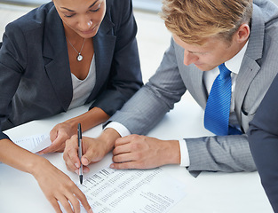 Image showing Documents, teamwork and business people in a meeting, financial planning and brokers with deadline and schedule. Stats, group and paperwork with cooperation and accountant with paperwork and talking