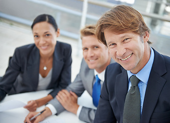 Image showing Portrait, smile and business people meeting in office of boardroom for collaboration or planning. Face, corporate and teamwork with happy group of professional employees in workplace together