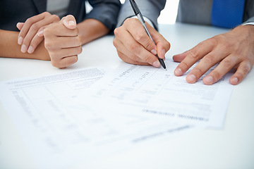 Image showing Closeup, hands and business people with documents, finance or contract for b2b deal or onboarding. Brokers, manager or employee with paperwork or trading with stats or signing with economy or writing