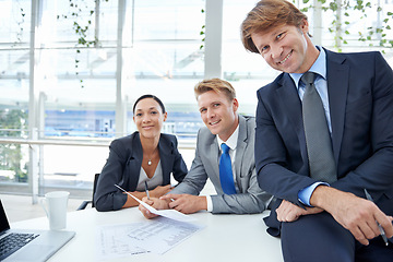 Image showing Portrait, smile and business people in office with documents for meeting, planning or strategy, Collaboration, teamwork or partnership with corporate men and women in boardroom of workplace together