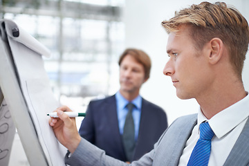 Image showing Face, presentation and whiteboard with business man in boardroom of office for coaching or teaching. Meeting, planning or workshop with young corporate employee writing on paper for development