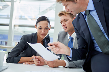 Image showing Teamwork, accountant and business people in a meeting, paperwork and conversation for ideas and financial planning. Corporate, speaking and manager with employees and group with documents and brokers