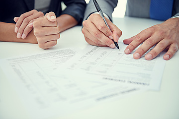 Image showing Closeup, hands and business people with documents, economy or contract for b2b deal or financial . Broker, manager or employee with paperwork or trading with audit or signing with accounting or write