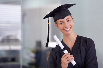 Image showing Graduate, certificate and portrait of happy woman at university for scholarship in Canada. Face, graduation or smile of student with diploma for education, achievement or success at college in school