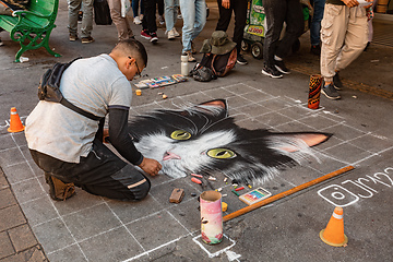 Image showing Street artist in the act of painting a cat in the vibrant city. Antioquia department, Colombia.