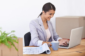 Image showing Woman, architecture and happy by laptop at startup with blueprint, typing or new beginning in modern office. Person, computer and entrepreneur with smile at small business for planning in workplace